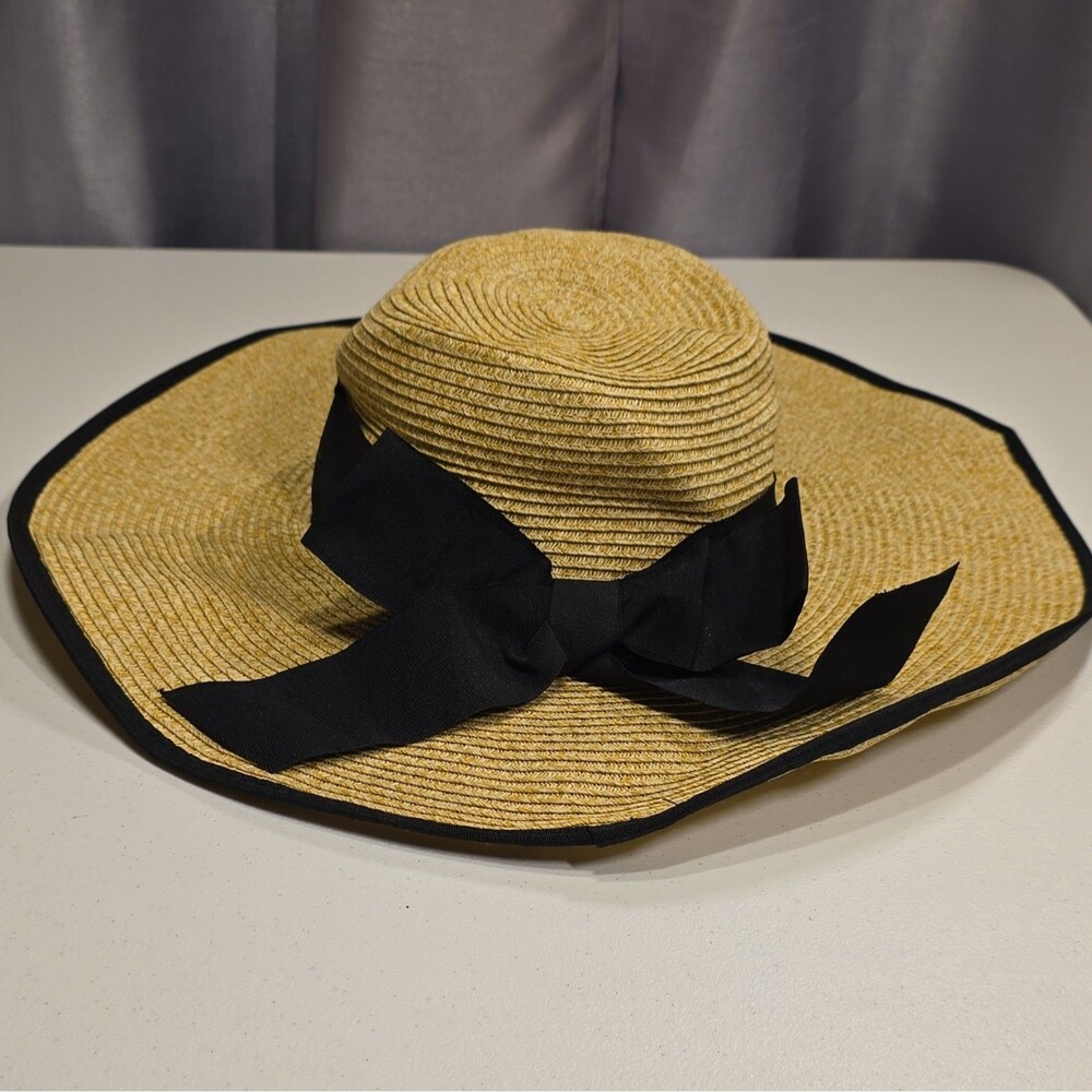 Scala Pronto Straw Sun Hat Wide Brim Beige/Black One Size Ribbon Bow
